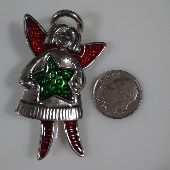 Christmas Angel Pin‎ Brooch Silver Tone with Red & Green Enamel Accents - Picture 7 of 9